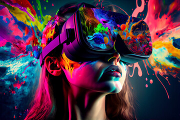 A person in a futuristic virtual reality headset, surrounded by a sea of vibrant data and sensory stimuli, interactting with a virtual reality environment that has been designed to simulate the brain 