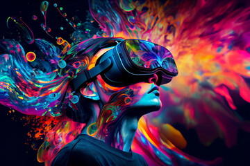 A person in a futuristic virtual reality headset, surrounded by a sea of vibrant data and sensory stimuli, interactting with a virtual reality environment that has been designed to simulate the brain 