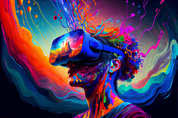 A person in a futuristic virtual reality headset, surrounded by a sea of vibrant data and sensory stimuli, interactting with a virtual reality environment that has been designed to simulate the brain 