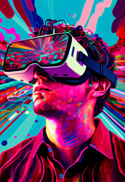 A person in a futuristic virtual reality headset, surrounded by a sea of vibrant data and sensory stimuli, interactting with a virtual reality environment that has been designed to simulate the brain 