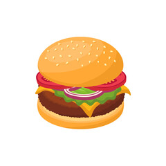 Burger isometric design. Vector cheeseburger buns with beef, onions, tomato, cheese and lettuce ingredients. Fast food vector illustration