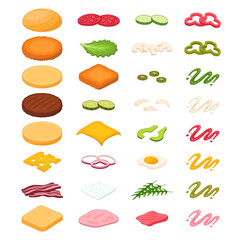 Burger constructor. Sandwich ingredients set. Fast food restaurant website menu. Isometric bun, bread slice, vegetables, meat and fish, sauce food. Tomatoes, mustard and cheese, beef, salmon, lettuce