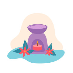 Aroma lamp with small burning candle inside and flowers around on wavy background. Vector aromatherapy simple flat style illustration