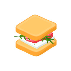 Isometric sandwich with cottage cheese, salmon, arugula ingredients. Bread with fish snack, Fast food vector illustration