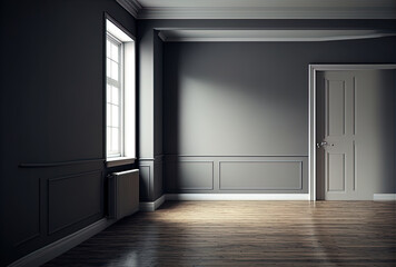 A room with a gray wall and a hardwood floor is empty.. Generative AI