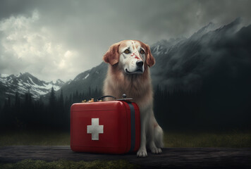 Concept for a dog first aid emergency kit. solitary on a gloomy backdrop. Generative AI
