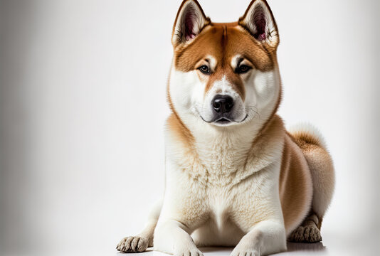 Young Akita inu dog posing. On a white backdrop, a charming white braun dog or other pet is lying down and smiling. studio photography. Insert your words or image into the blank space. in front
