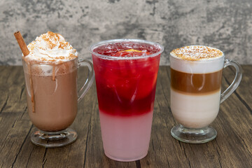 Tempting choices of beverages ranging from chocolate mocha or vanilla latte topped with whipped...