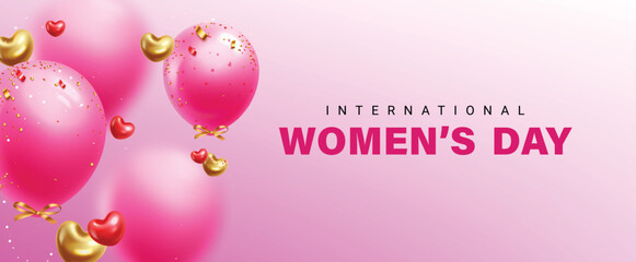 International women's day vector design. Happy women's day greeting card with balloons and hearts elements in pink background. Vector Illustration.
