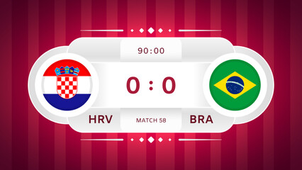 Croatia vs Brazil Match Design Element. Flag icons isolated on stylized red striped background. Football Championship Competition Infographics. Announcement, Game Score Template. Vector