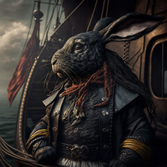 Fototapeta na wymiar Black rabbit pirate on the ship