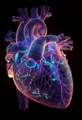 Neon Glow Human Heart of Dark Background. Generative AI