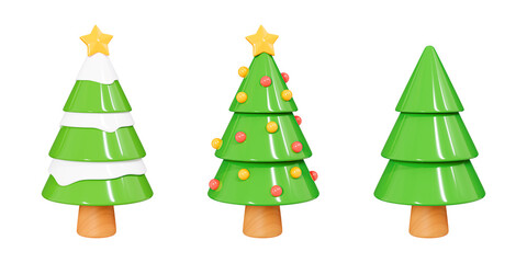 3D Set of Christmas tree. Pine tree with snow and decoration element. Xmas object. Green spruce with star. Cartoon creative design collection icon isolated on white background. 3D Rendering