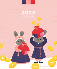 rabbit couple in korean traditional dress hanbok