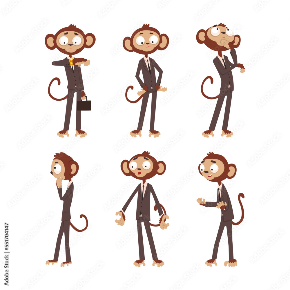 Sticker Monkey Businessman Character Standing on Two Legs and Gesturing Vector Set