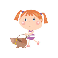 Little girl walking with dog