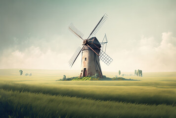Plakat Vertical view of a windmill on a green field against a hazy sky.. Generative AI