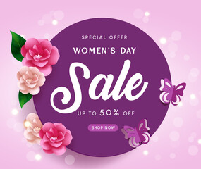 Women's day sale vector banner design. International women's day special offer text with flowers and butterfly elements for shopping advertisement background. Vector Illustration. 