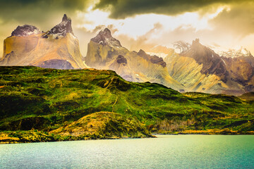Horns of Paine and Lake Pehoe at sunset, Torres Del Paine, Patagonia, Chile