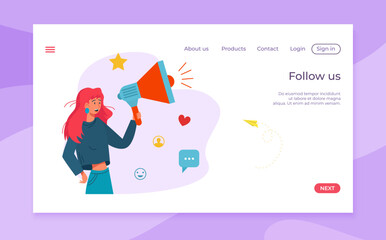 Follow us social network web application website banner, template landing webpage mobile app flat vector illustration, marketing page.