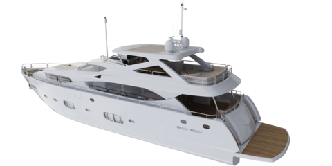 back view of luxury white long yacht for make mockups, isolated on empty background 