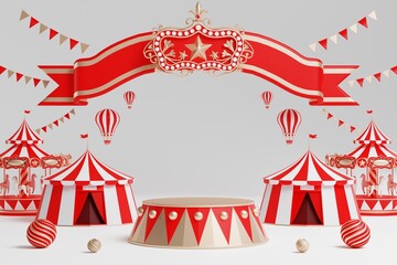 3d amusement park, circus, carnival fair theme podium with many rides and shops circus tent 3d illustration © Siam Vector