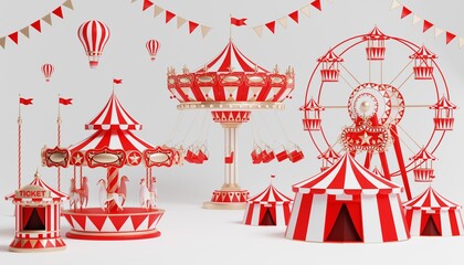 3d amusement park, circus, carnival fair theme podium with many rides and shops circus tent 3d illustration