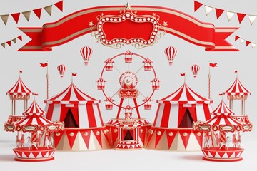 3d amusement park, circus, carnival fair theme podium with many rides and shops circus tent 3d illustration - obrazy, fototapety, plakaty