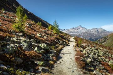 Footpath in Dramatic landscape of swiss alps, Engadine, Graubunden, Switzerland