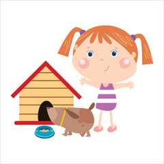 little girl and her dog kennel