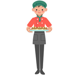 トレーに載せたパンを運ぶベーカリーの従業員