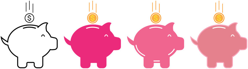 piggy bank icon set. style with coin or money, vector illustration