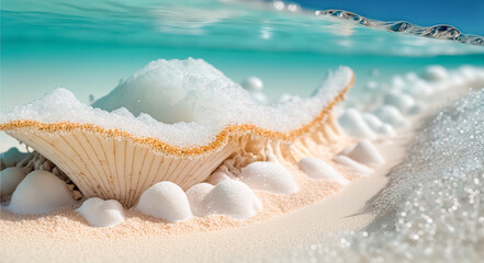 Obraz na płótnie Canvas Tropical sandy beach, ocean waves and shells. tropical background. Ocean foam macro and white sand with narrow focus background. travel and vacation concept