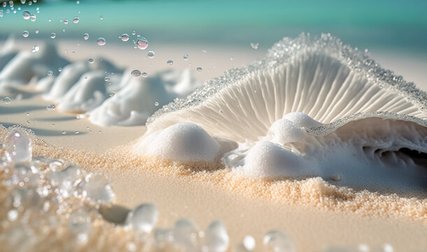 Tropical sandy beach, ocean waves and shells. tropical background. Ocean foam macro and white sand with narrow focus background. travel and vacation concept