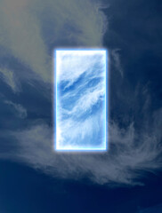 surreal neon portal in the cloudy sky, science fiction concept