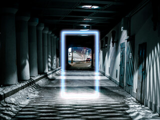 neon square fantasy portal in the city evening street
