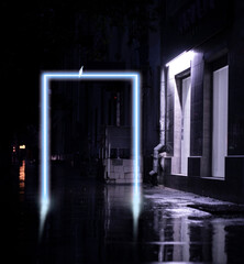 neon square fantasy portal in the city evening street