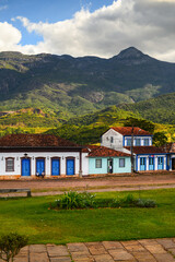 The picturesque town square of small, colonial Catas Altas, surrounded by the mountains of the Serra do Caraça range, Minas Gerais state, Brazil