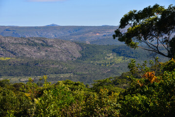 The green and rugged landscape of the Serra do Espinhaço range as seen from the remote village of São Gonçalo do Rio das Pedras, Minas Gerais state, Brazil