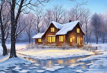 house in the snow by the river, digital illustration