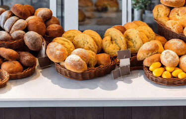wicker basket of fresh baked bread over a counter, bakery product display, assortment of baked bread