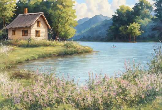Small cottage by the lake in summer, digital painting scenery