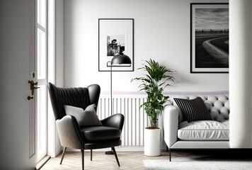 Interior of a contemporary living room with a chair and decorative ideas against a white wall.. Generative AI
