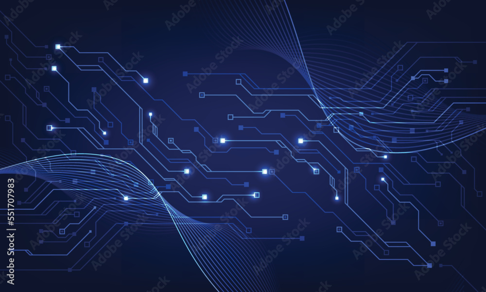 Poster modern technology circuit board texture background design. waves flow. quantum explosion technology.