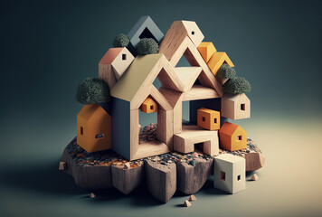 Shape of a home created with blocks and wooden pegs. Generative AI