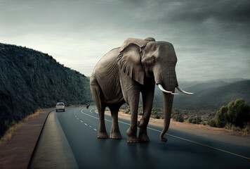 Obraz na płótnie Canvas Roadside elephant. Generative AI