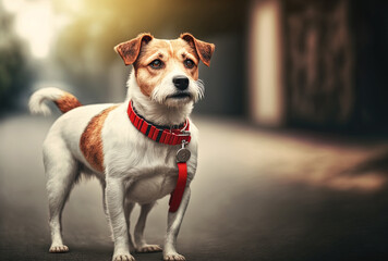 Cute domestic dog standing on the street with a red buckle collar.. Generative AI