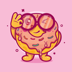 funny donut food character mascot with ok sign hand gesture isolated cartoon in flat style design