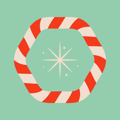 Hexagon shaped Christmas candy illustration. Striped Christmas ornament on ice blue background. Snowflake symbol. Cute xmas concept, holiday greetings. Great for Christmas and New Year party design. - 551708172