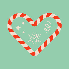 Heart shaped candy cane illustration. Striped Christmas ornament on ice blue background. Snowflake symbol. Great for Christmas or Valentine’s Day design. - 551708181